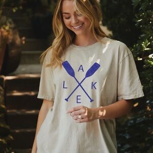 Beige T-Shirt with Blue Lake Graphic
